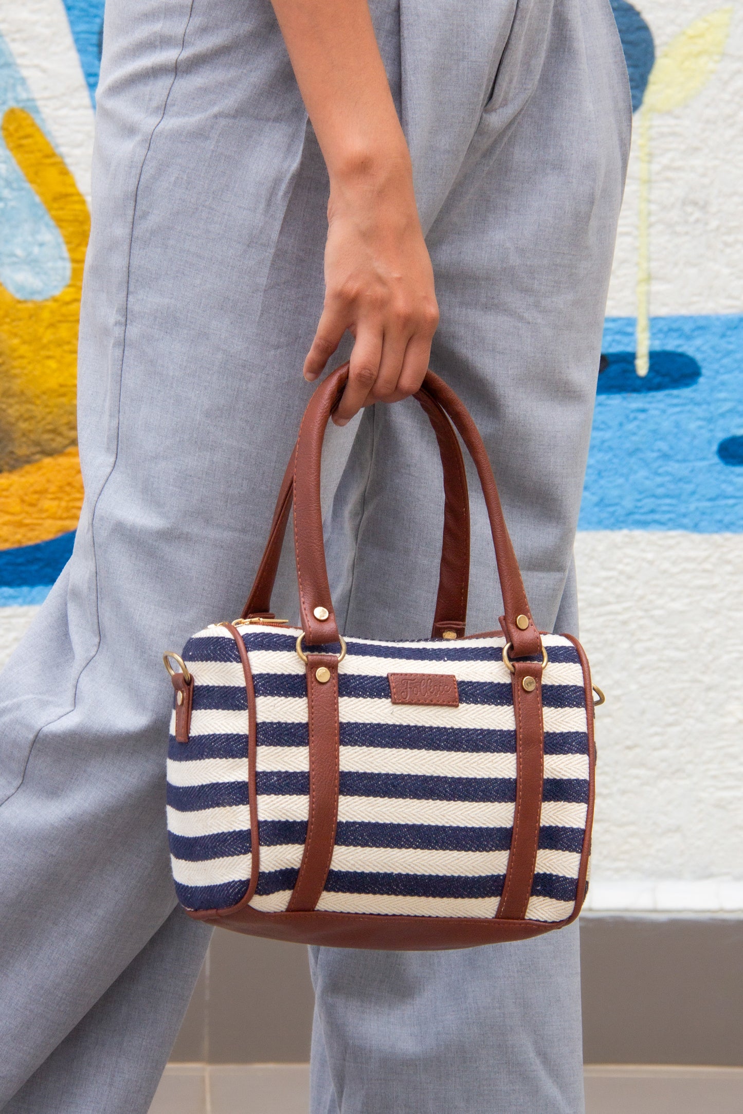 Striped Satchel Sling Bag - Navy Blue