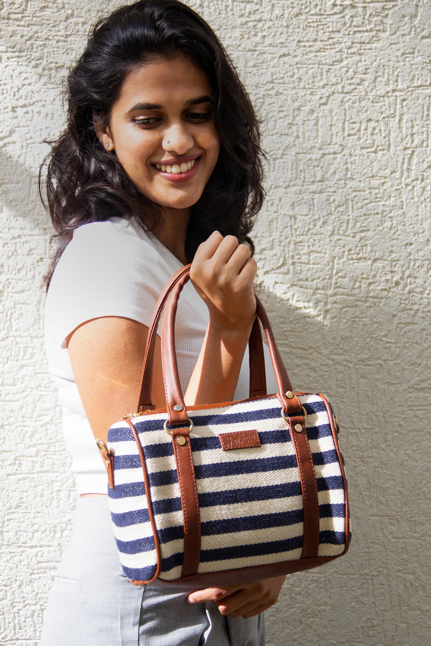 Striped Satchel Sling Bag - Navy Blue