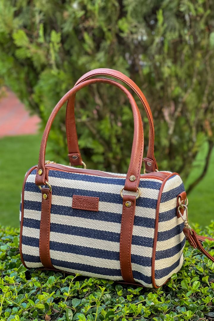 Striped Satchel Sling Bag - Navy Blue