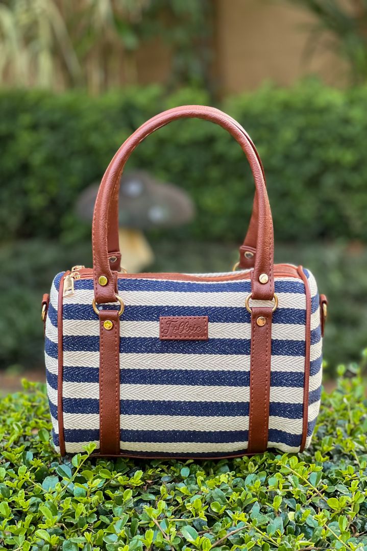 Navy and white striped purse online