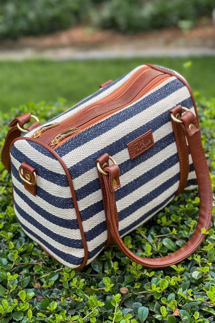 Striped Satchel Sling Bag - Navy Blue