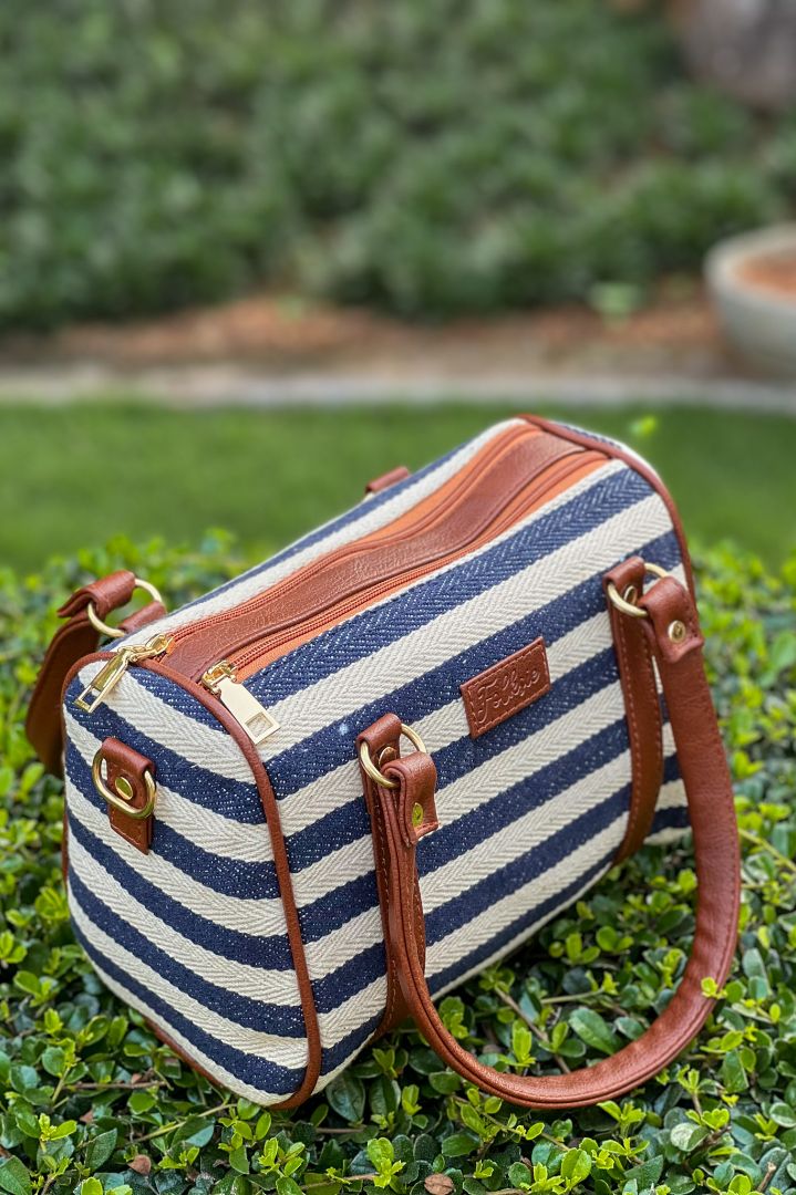 Striped Satchel Sling Bag - Navy Blue