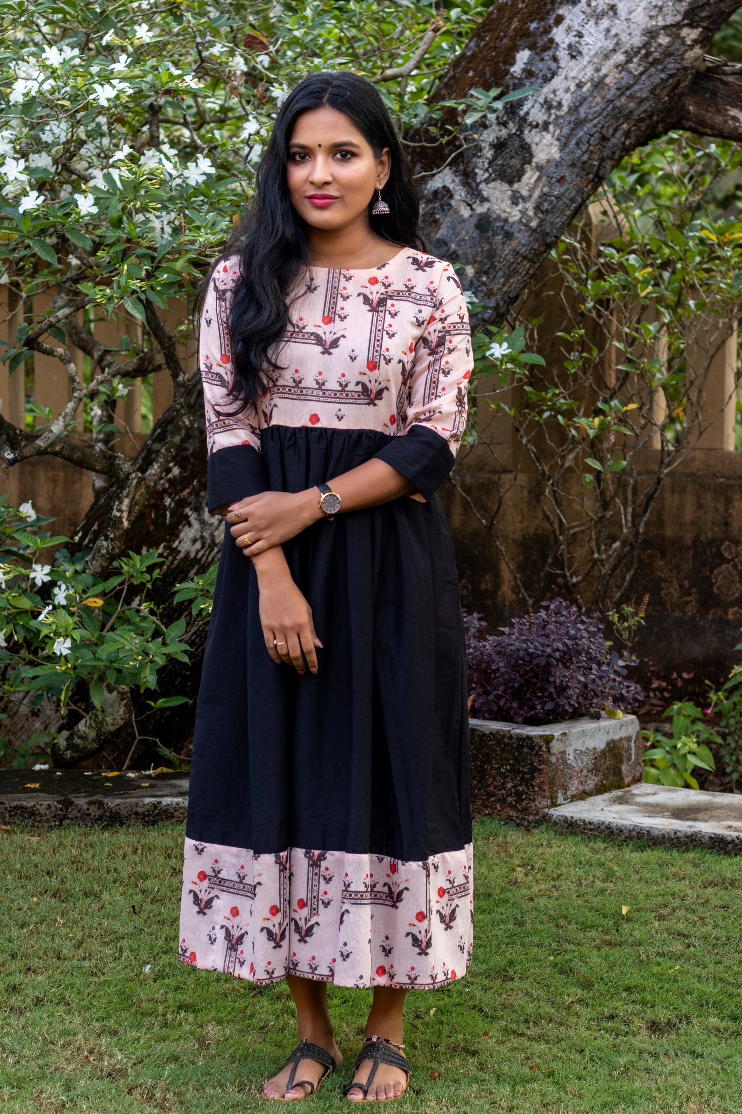 Peach and shop black dress