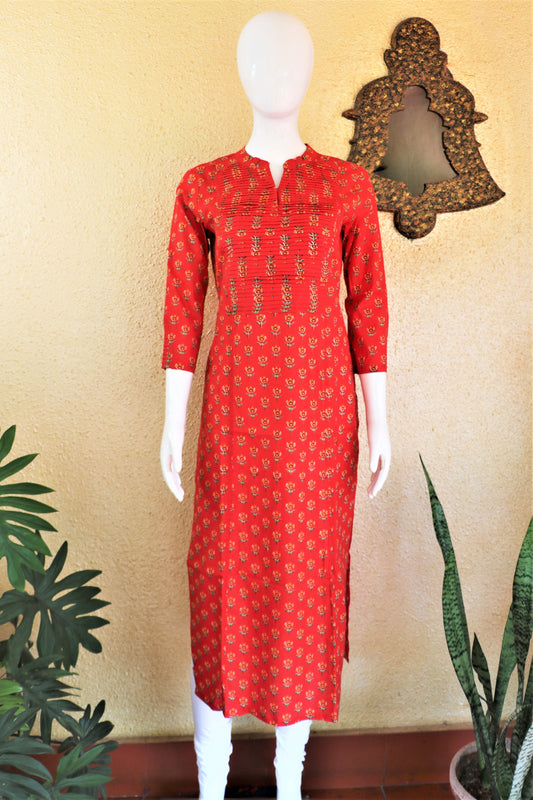 Red Block Printed Pintuck Kurta